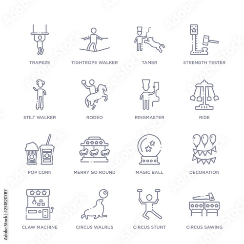 set of 16 thin linear icons such as circus sawing, circus stunt, circus walrus, claw machine, decoration, magic ball, merry go round from collection on white background, outline sign icons or
