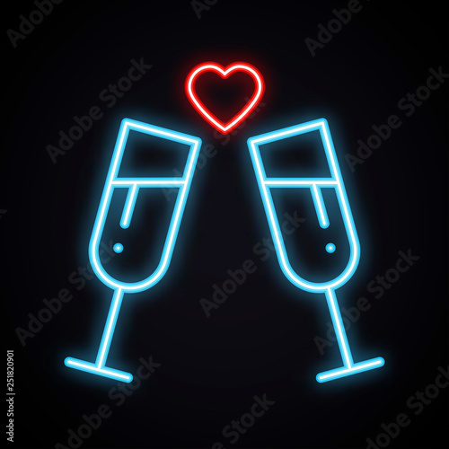 Neon drink in two glasses. Bright toast sign. Cocktails, binge, champagne, wine, theme. Light glowing alcohol symbol.