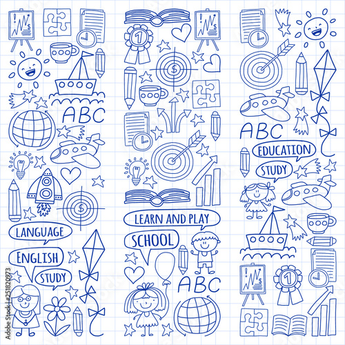 Vector set of learning English language, children's drawingicons icons in doodle style. Painted, drawn with a pen, on a sheet of checkered paper on a white background.