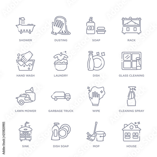 set of 16 thin linear icons such as house, mop, dish soap, sink, cleaning spray, wipe, garbage truck from cleaning collection on white background, outline sign icons or symbols