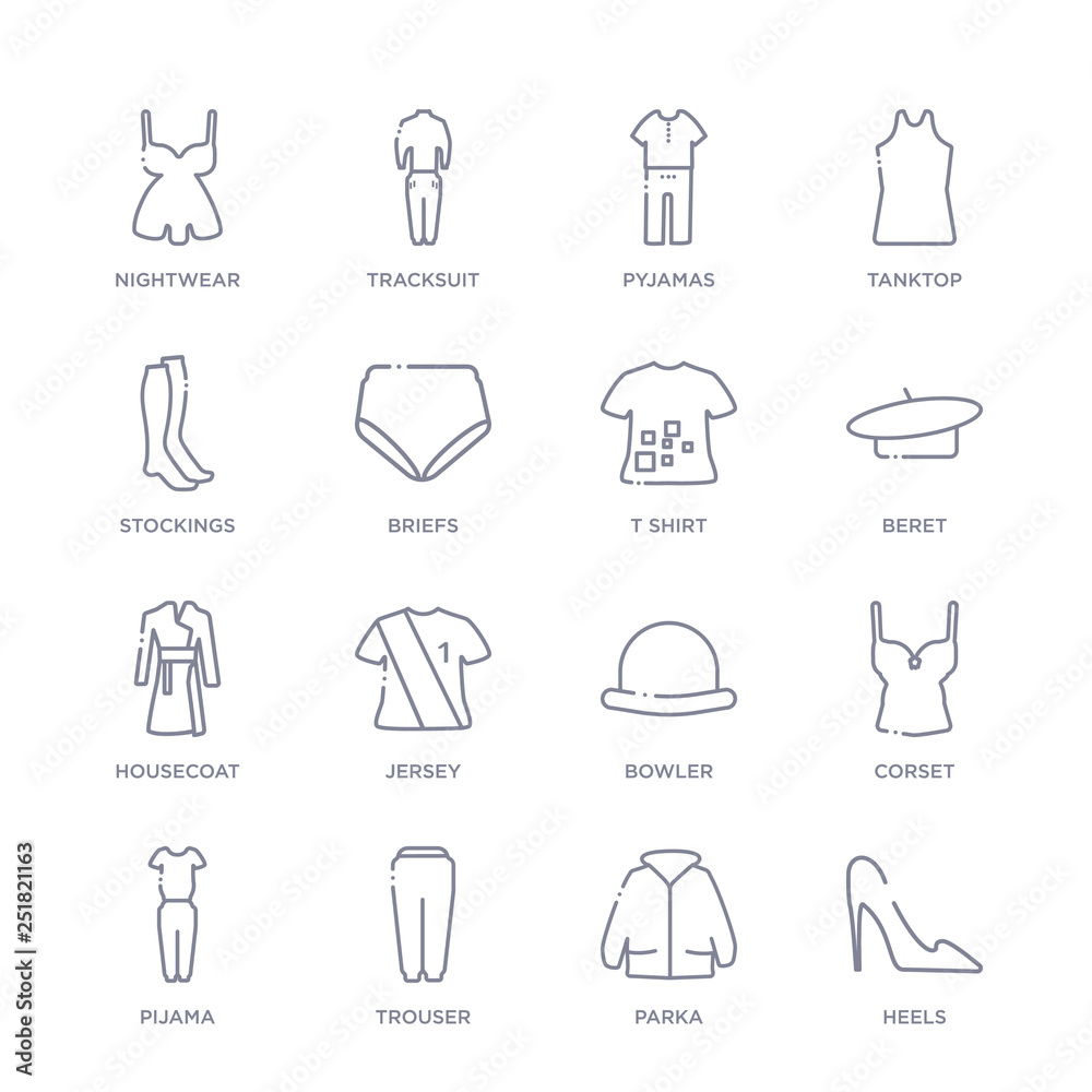set of 16 thin linear icons such as heels, parka, trouser, pijama, corset, bowler, jersey from clothes collection on white background, outline sign icons or symbols set of 16 thin linear icons such as heels, parka, trouser, pijama, corset, bowler, jersey from clothes collection on white background, outline sign icons or symbols