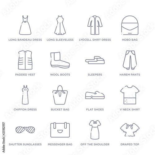 set of 16 thin linear icons such as draped top  off the shoulder dress  messenger bag  shutter sunglasses  v neck shirt  flat shoes  bucket bag from clothes collection on white background  outline