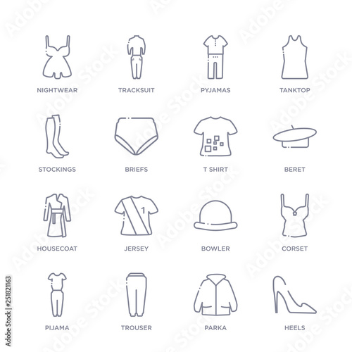 set of 16 thin linear icons such as heels, parka, trouser, pijama, corset, bowler, jersey from clothes collection on white background, outline sign icons or symbols