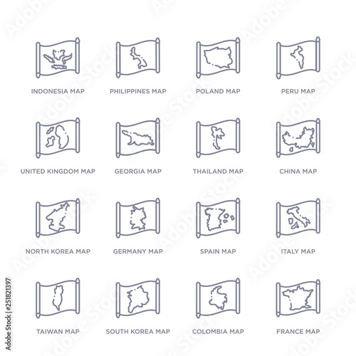 set of 16 thin linear icons such as france map, colombia map, south korea map, taiwan italy spain germany map from countrymaps collection on white background, outline sign icons or symbols