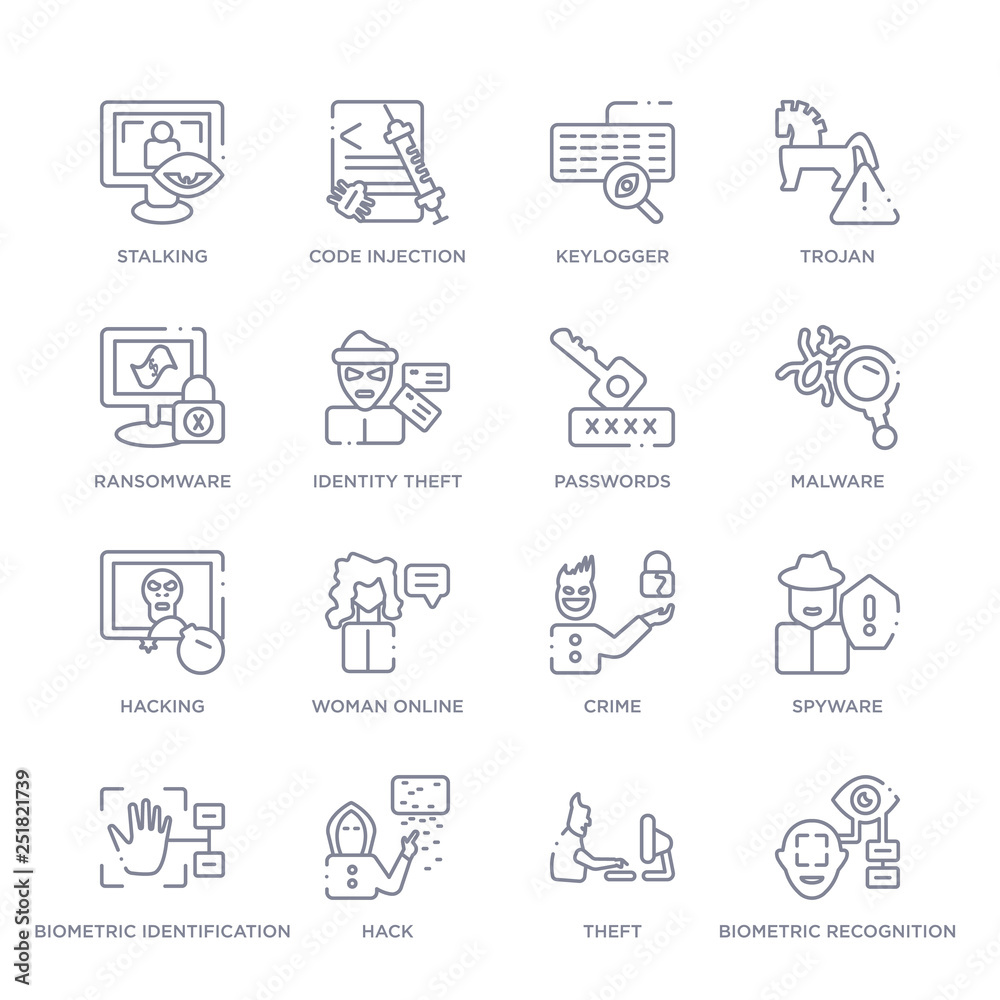 set of 16 thin linear icons such as biometric recognition, theft, hack, biometric identification, spyware, crime, woman online from cyber collection on white background, outline sign icons or