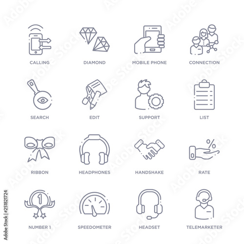 set of 16 thin linear icons such as telemarketer, headset, speedometer, number 1, rate, handshake, headphones from customer service collection on white background, outline sign icons or symbols