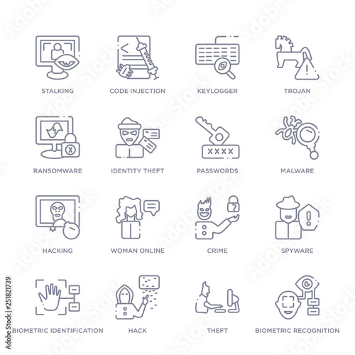 set of 16 thin linear icons such as biometric recognition, theft, hack, biometric identification, spyware, crime, woman online from cyber collection on white background, outline sign icons or
