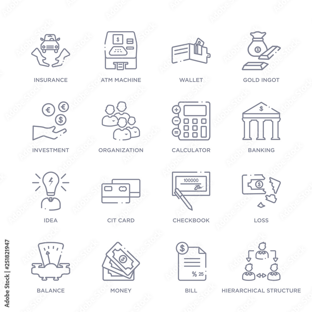 set of 16 thin linear icons such as hierarchical structure, bill, money,  balance, loss, checkbook, cit card from digital economy collection on white  background, outline sign icons or symbols Stock Vector
