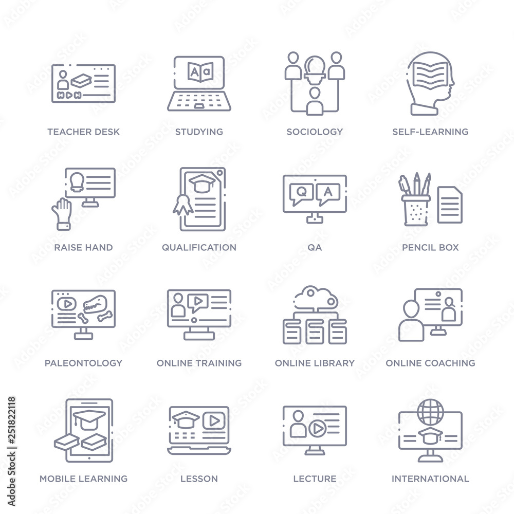 set of 16 thin linear icons such as international, lecture, lesson, mobile learning, online coaching, online library, online training from elearning and education collection on white background, set of 16 thin linear icons such as international, lecture, lesson, mobile learning, online coaching, online library, online training from elearning and education collection on white background,