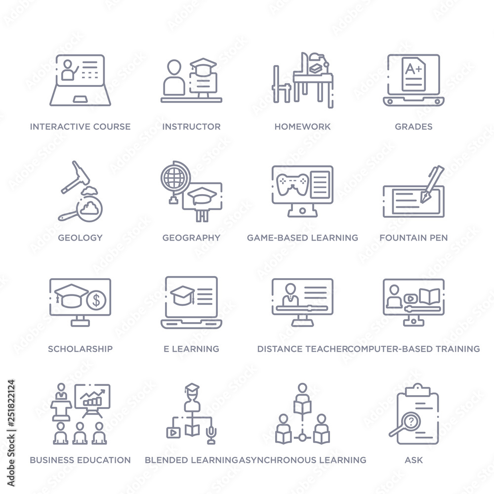 set of 16 thin linear icons such as ask, asynchronous learning, blended learning, business education, computer-based training, distance teacher, e learning from elearning and education collection on