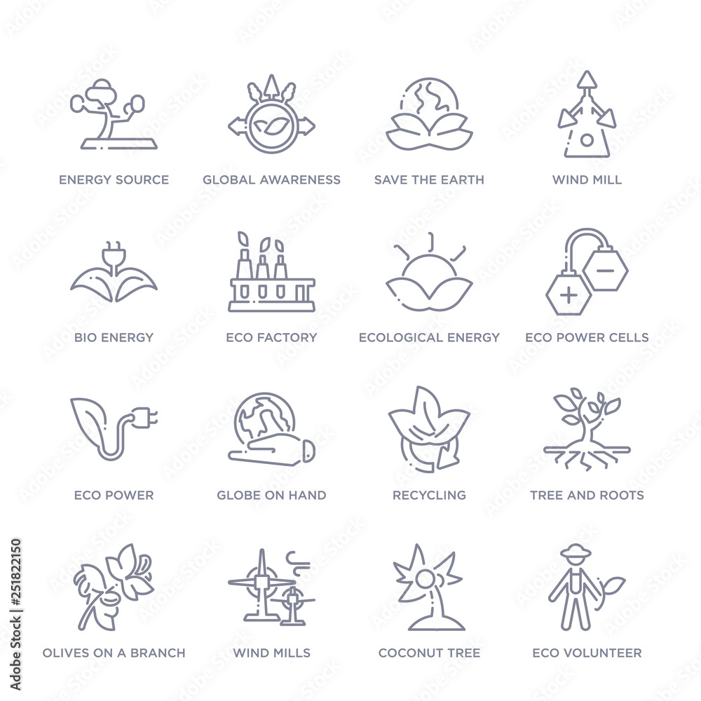 set of 16 thin linear icons such as eco volunteer, coconut tree, wind mills, olives on a branch, tree and roots, recycling, globe on hand from ecology collection on white background, outline sign