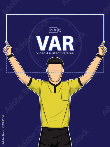 Football referee shows video assistant referees action. photo