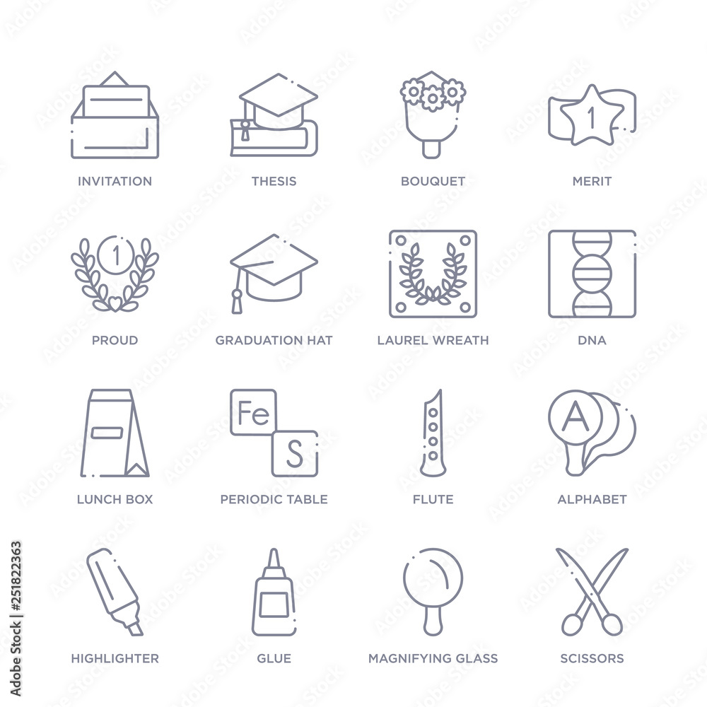 Fototapeta premium set of 16 thin linear icons such as scissors, magnifying glass, glue, highlighter, alphabet, flute, periodic table from education collection on white background, outline sign icons or symbols