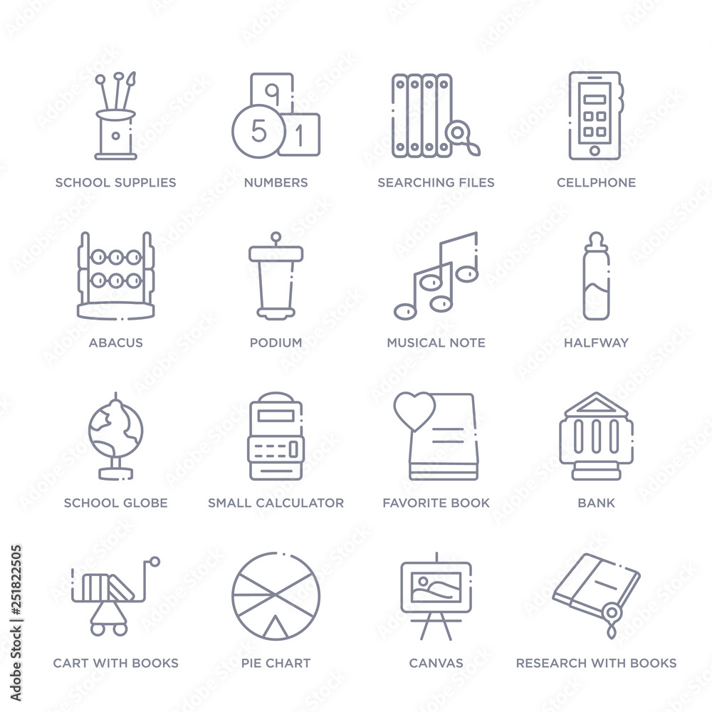set of 16 thin linear icons such as research with books, canvas, pie chart, cart with books, bank, favorite book, small calculator from education collection on white background, outline sign icons set of 16 thin linear icons such as research with books, canvas, pie chart, cart with books, bank, favorite book, small calculator from education collection on white background, outline sign icons