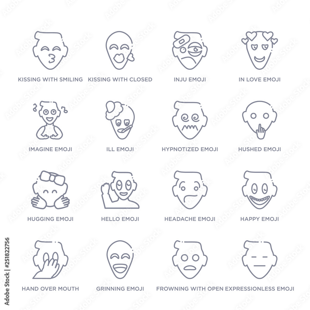 set of 16 thin linear icons such as expressionless emoji, frowning with open mouth emoji, grinning emoji, hand over mouth happy headache hello emoji from emoji collection on white background,