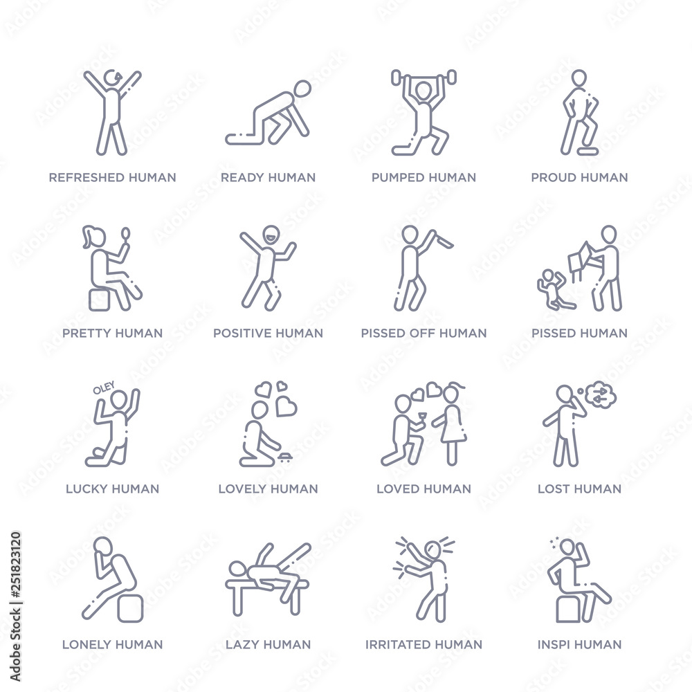 set of 16 thin linear icons such as inspi human, irritated human, lazy human, lonely lost loved lovely human from feelings collection on white background, outline sign icons or symbols set of 16 thin linear icons such as inspi human, irritated human, lazy human, lonely lost loved lovely human from feelings collection on white background, outline sign icons or symbols