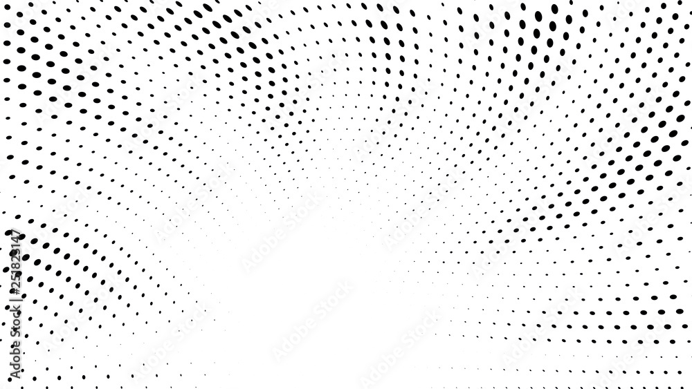 Halftone gradient sun rays pattern. Abstract halftone dots background. Monochrome dots pattern. Pop Art, Comic small dots. Star rays halftone poster. Shine, explosion. Wave space, rays twisted vector