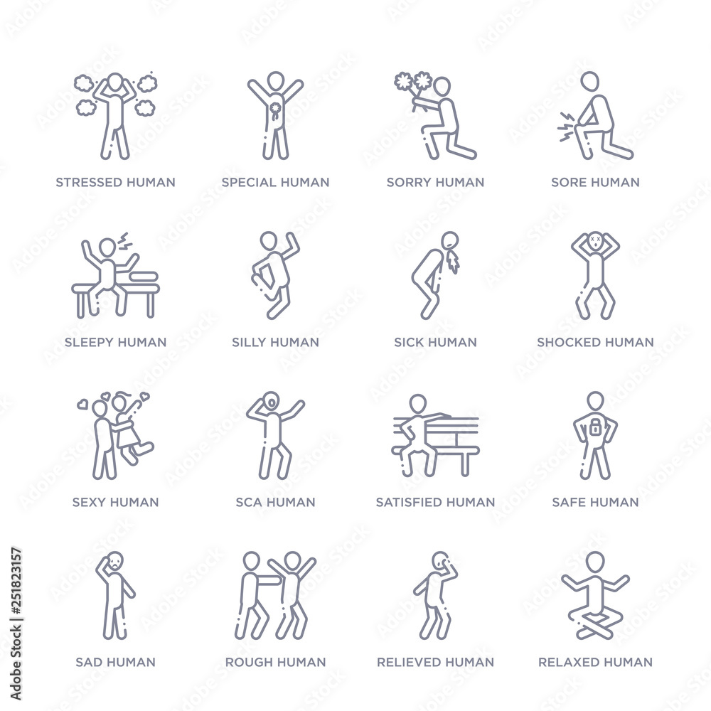 set of 16 thin linear icons such as relaxed human, relieved human, rough human, sad safe satisfied sca human from feelings collection on white background, outline sign icons or symbols set of 16 thin linear icons such as relaxed human, relieved human, rough human, sad safe satisfied sca human from feelings collection on white background, outline sign icons or symbols
