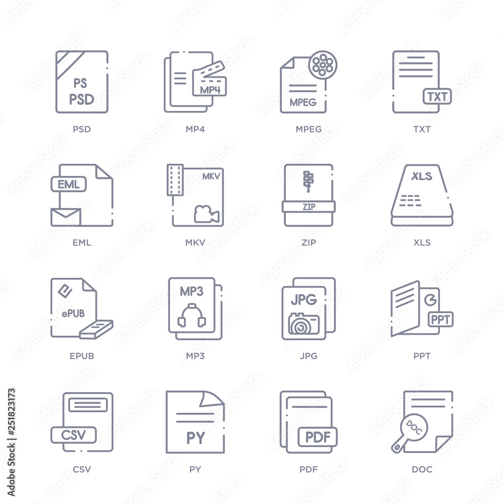 set of 16 thin linear icons such as doc, pdf, py, csv, ppt, jpg, mp3 from file type collection on white background, outline sign icons or symbols