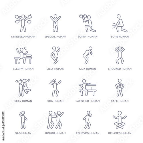 set of 16 thin linear icons such as relaxed human, relieved human, rough human, sad safe satisfied sca human from feelings collection on white background, outline sign icons or symbols