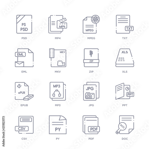 set of 16 thin linear icons such as doc, pdf, py, csv, ppt, jpg, mp3 from file type collection on white background, outline sign icons or symbols photo