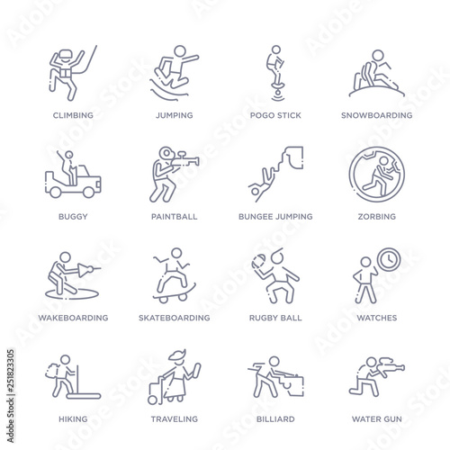 set of 16 thin linear icons such as water gun, billiard, traveling, hiking, watches, rugby ball, skateboarding from free time collection on white background, outline sign icons or symbols photo