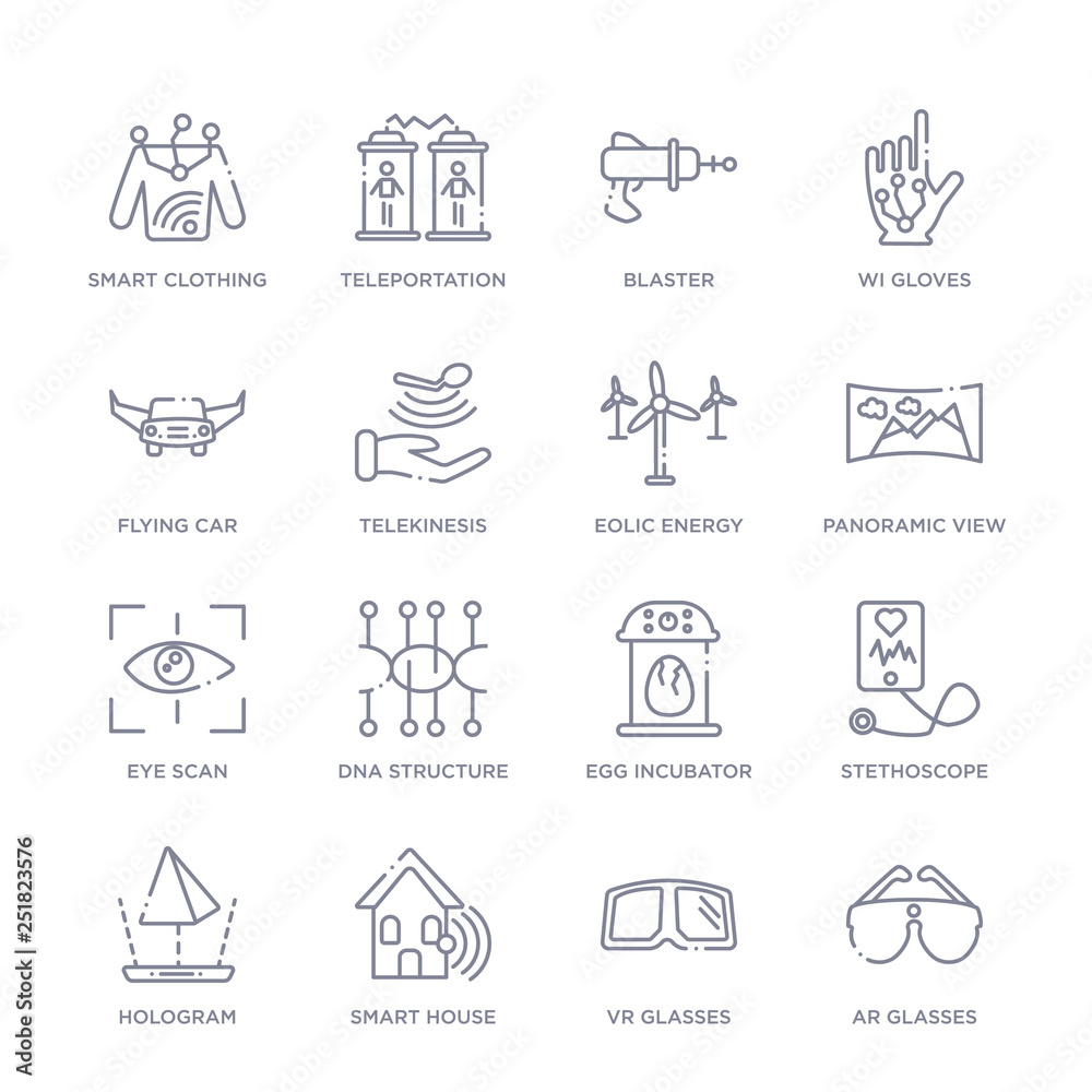 set of 16 thin linear icons such as ar glasses, vr glasses, smart house, hologram, stethoscope, egg incubator, dna structure from future technology collection on white background, outline sign icons