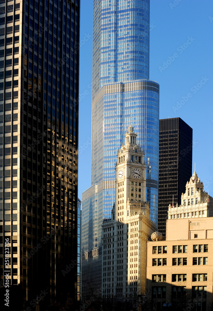 Obraz premium Historic skyscrapers and landmark buildings of Chicago with a mixture of architecture and design.