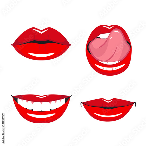 Set of vector red lips. Various types of woman lips. Broad smile with teeth, slight smile and tongue touches the upper teeth.