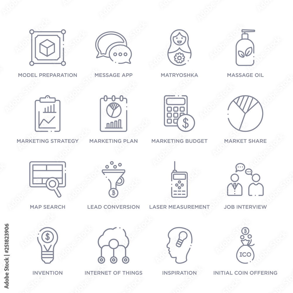 set of 16 thin linear icons such as initial coin offering, inspiration, internet of things, invention, job interview, laser measurement, lead conversion from general collection on white background, set of 16 thin linear icons such as initial coin offering, inspiration, internet of things, invention, job interview, laser measurement, lead conversion from general collection on white background,