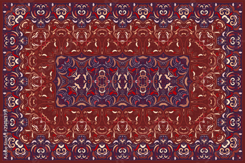 Vintage Arabic pattern. Persian colored carpet. Rich ornament for fabric design, handmade, interior decoration, textiles. Red background.