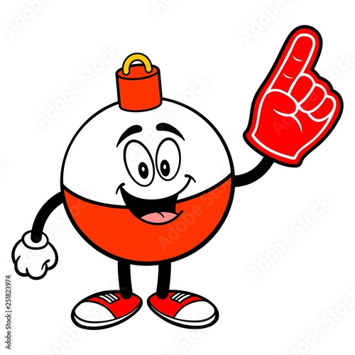 Fishing Bobber Mascot with a Foam Finger - A vector cartoon illustration of a red and white Fishing Bobber mascot with a Foam Hand.