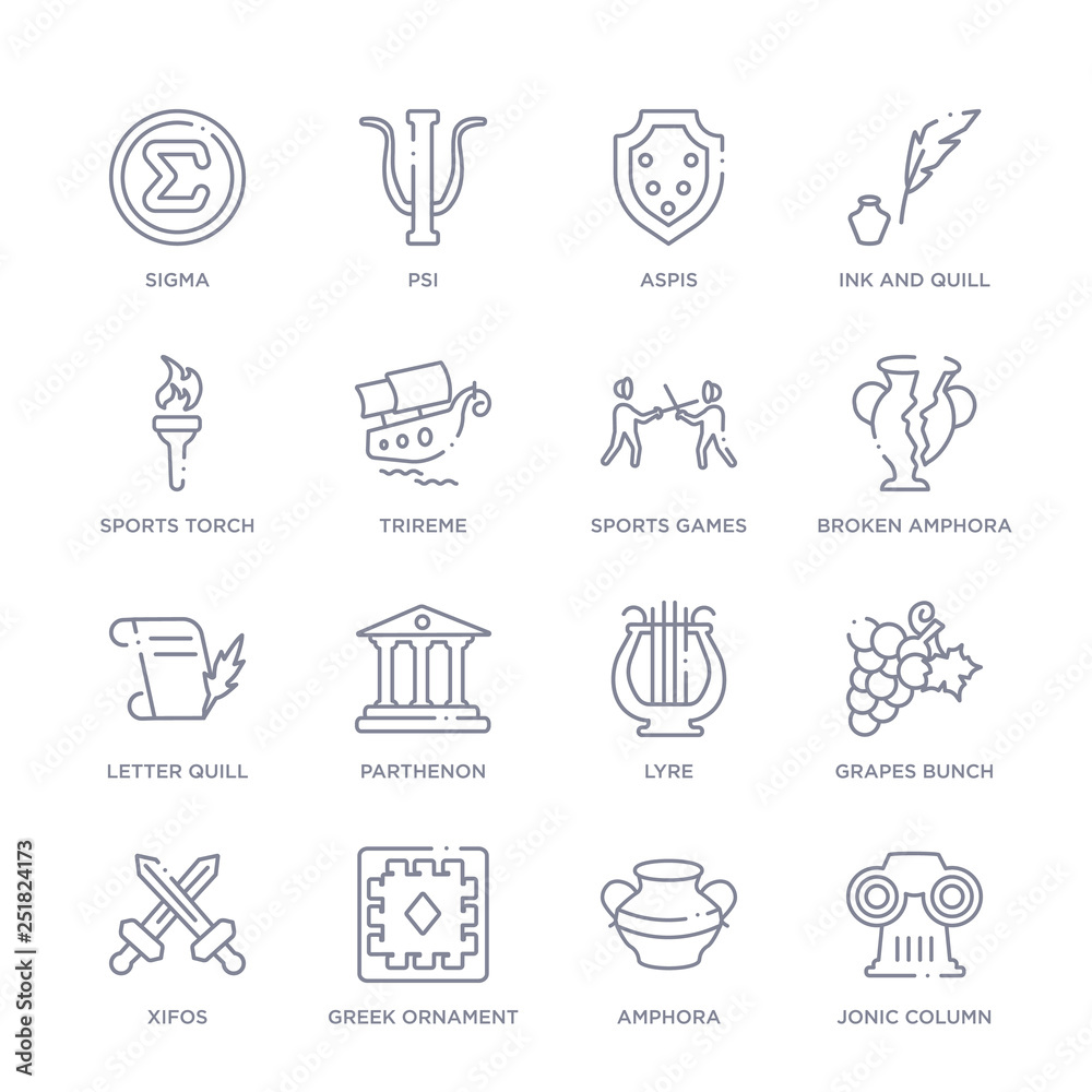 set of 16 thin linear icons such as jonic column, amphora, greek ornament, xifos, grapes bunch, lyre, parthenon from greece collection on white background, outline sign icons or symbols set of 16 thin linear icons such as jonic column, amphora, greek ornament, xifos, grapes bunch, lyre, parthenon from greece collection on white background, outline sign icons or symbols