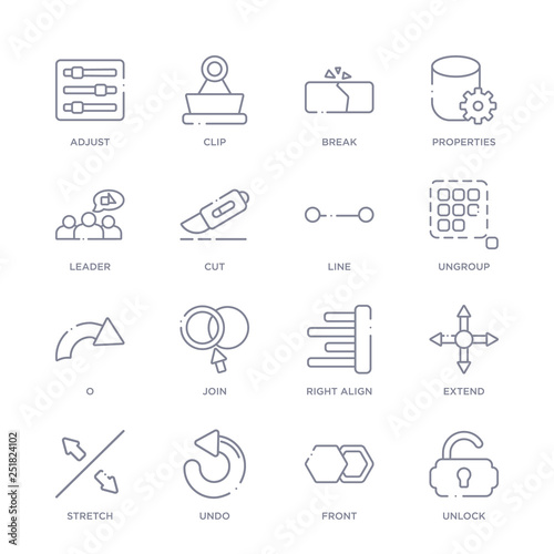 set of 16 thin linear icons such as unlock, front, undo, stretch, extend, right align, join from geometry collection on white background, outline sign icons or symbols