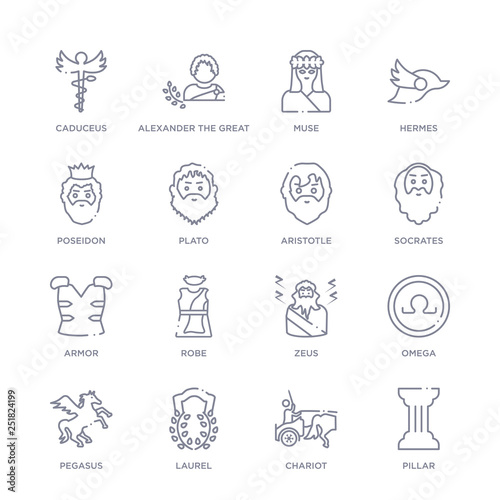 set of 16 thin linear icons such as pillar, chariot, laurel, pegasus, omega, zeus, robe from greece collection on white background, outline sign icons or symbols