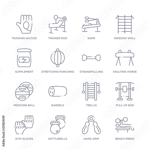 set of 16 thin linear icons such as bench press, hand grip, kettlebells, gym gloves, pull up bar, trellis, barrels from gym equipment collection on white background, outline sign icons or symbols