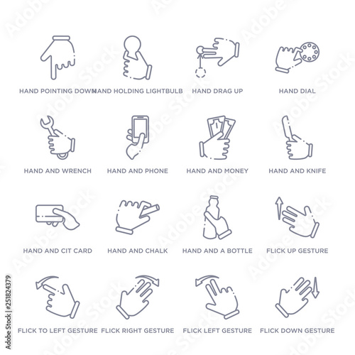 set of 16 thin linear icons such as flick down gesture, flick left gesture, flick right gesture, to left up hand and a bottle, hand and chalk from hands and guestures collection on white background,