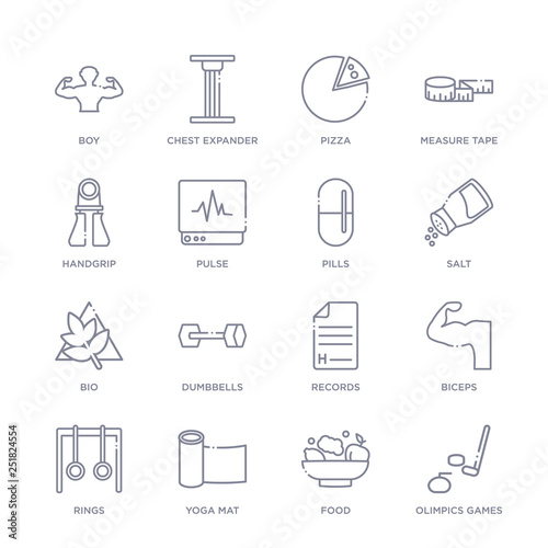 set of 16 thin linear icons such as olimpics games  food  yoga mat  rings  biceps  records  dumbbells from health collection on white background  outline sign icons or symbols