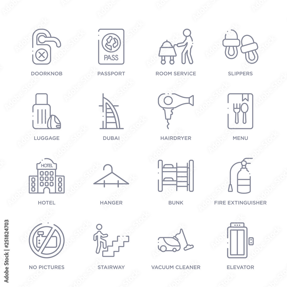 set of 16 thin linear icons such as elevator, vacuum cleaner, stairway ...