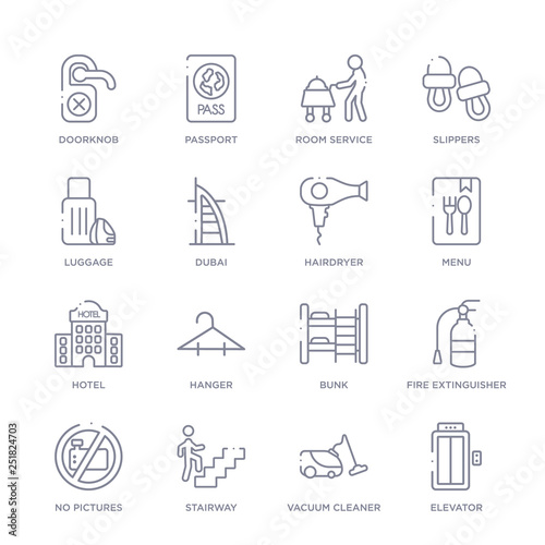 set of 16 thin linear icons such as elevator, vacuum cleaner, stairway, no pictures, fire extinguisher, bunk, hanger from hotel collection on white background, outline sign icons or symbols