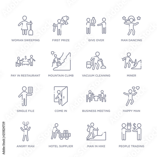 set of 16 thin linear icons such as people trading, man in hike, hotel supplier, angry man, happy man, business meeting, come in from humans collection on white background, outline sign icons or