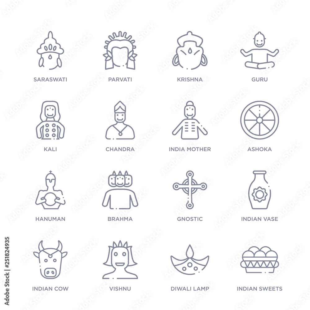set of 16 thin linear icons such as indian sweets, diwali lamp, vishnu, indian cow, indian vase, gnostic, brahma from india collection on white background, outline sign icons or symbols set of 16 thin linear icons such as indian sweets, diwali lamp, vishnu, indian cow, indian vase, gnostic, brahma from india collection on white background, outline sign icons or symbols