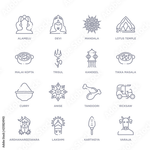 set of 16 thin linear icons such as varaja, kartikeya, lakshmi, ardhanareeswara, ricksaw, tandoori, anise from india collection on white background, outline sign icons or symbols