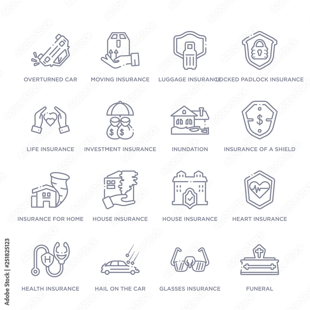 set of 16 thin linear icons such as funeral, glasses insurance, hail on the car, health insurance, heart insurance, house house insurance for storms from insurance collection on white background, set of 16 thin linear icons such as funeral, glasses insurance, hail on the car, health insurance, heart insurance, house house insurance for storms from insurance collection on white background,