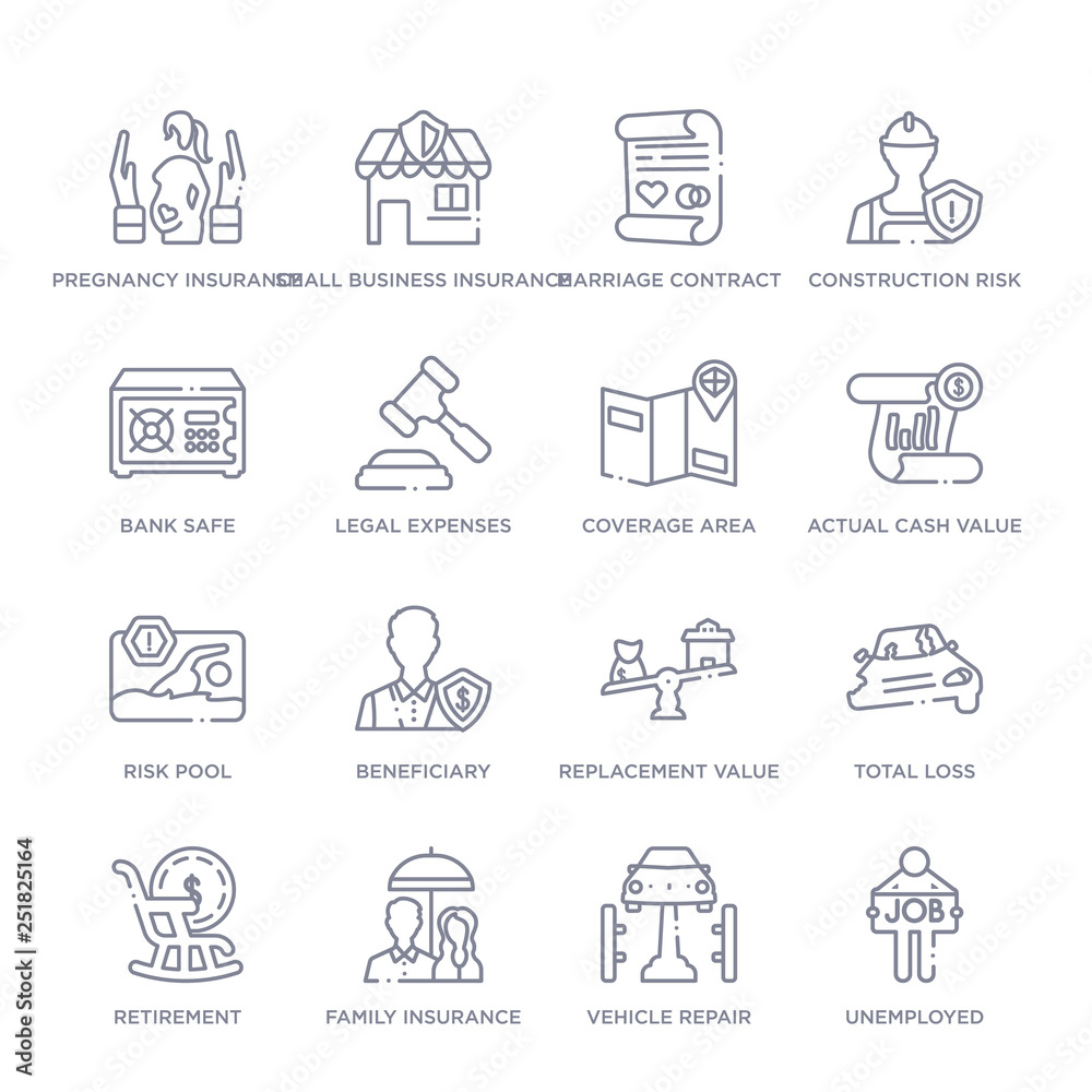 set of 16 thin linear icons such as unemployed, vehicle repair, family insurance, retirement, total loss, replacement value, beneficiary from insurance collection on white background, outline sign set of 16 thin linear icons such as unemployed, vehicle repair, family insurance, retirement, total loss, replacement value, beneficiary from insurance collection on white background, outline sign