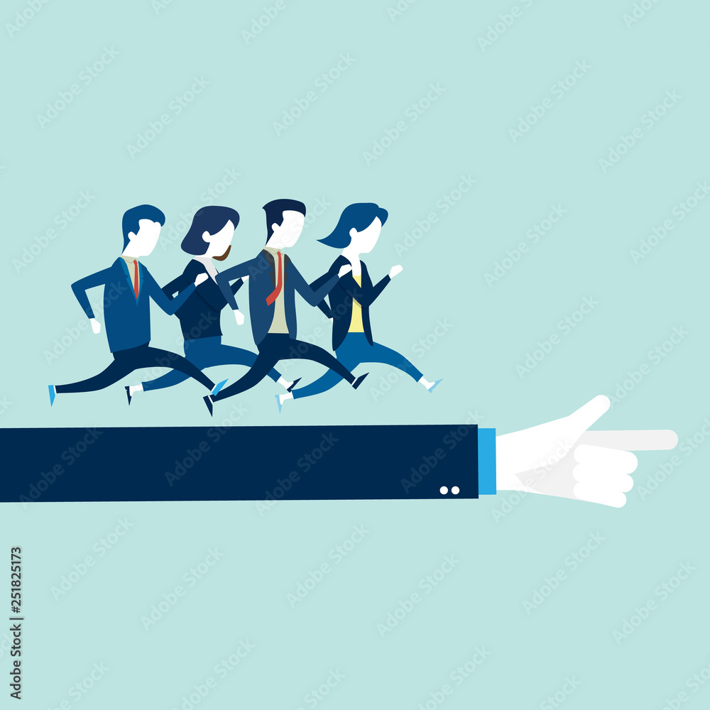 Business people man and woman running on arm of leader. Vector illustration cartoon character.