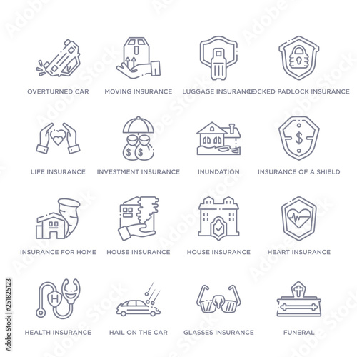 set of 16 thin linear icons such as funeral, glasses insurance, hail on the car, health insurance, heart insurance, house house insurance for storms from insurance collection on white background,
