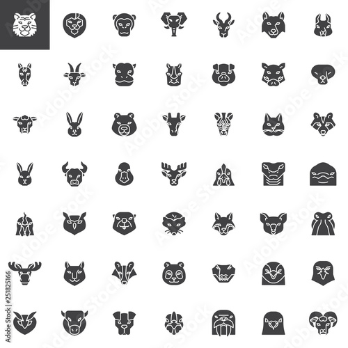 Animals head front view vector icons set, modern solid symbol collection filled style pictogram pack. Signs logo illustration. Set includes icons as hedgehog, fox, wolf, elk, lynx, badger, boar, bison