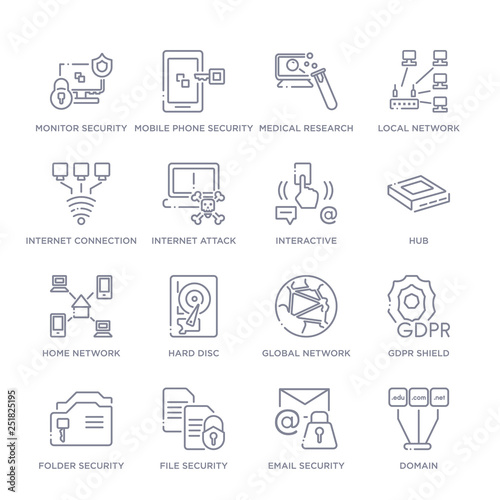 set of 16 thin linear icons such as domain, email security, file security, folder security, gdpr shield, global network, hard disc from internet security and collection on white background, outline