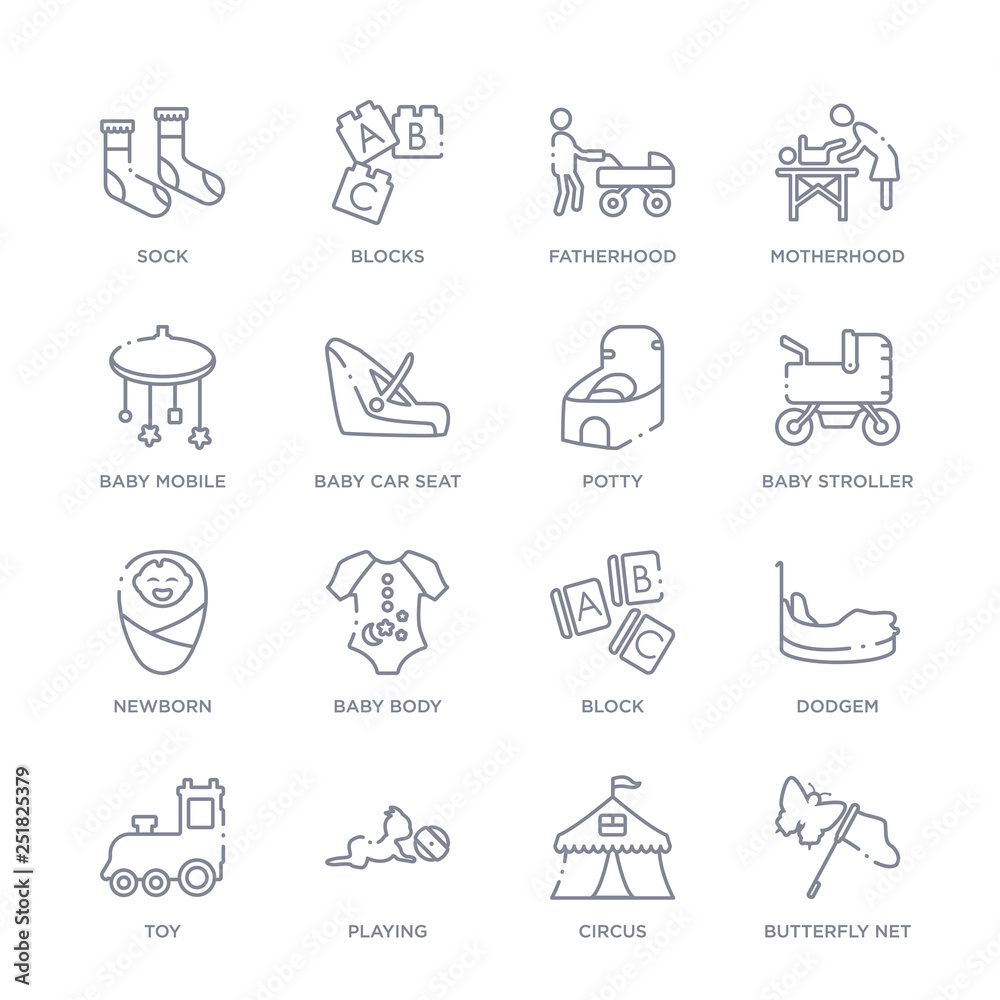 set of 16 thin linear icons such as butterfly net, circus, playing, toy, dodgem, block, baby body from kids and baby collection on white background, outline sign icons or symbols